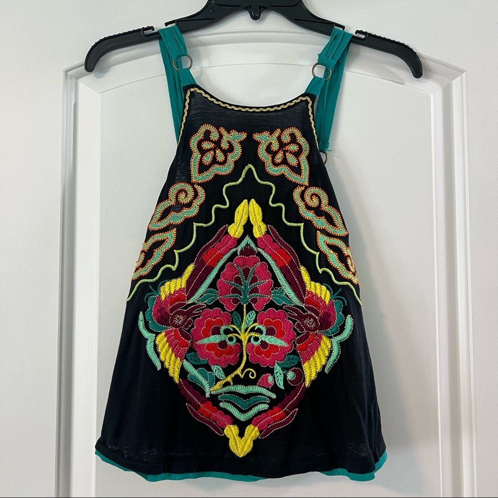 Free People Heat Wave black linen embroidered tank top